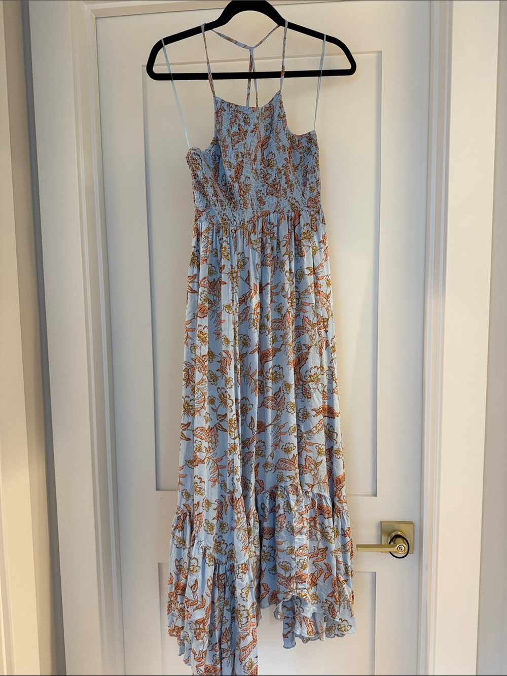 Free People Light Blue Floral Maxi Dress with Smocked Bodice